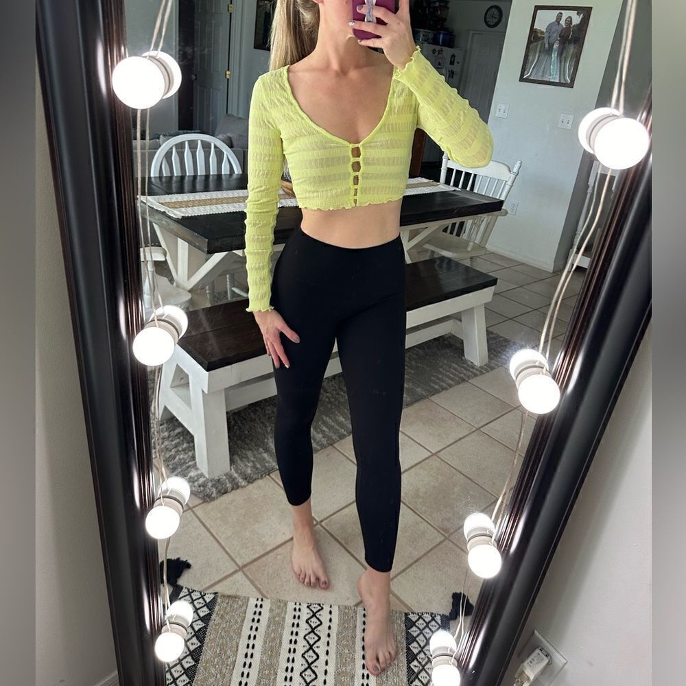 Urban Outfitters Neon Yellow Muted Stripe Cropped Long Sleeve Top
